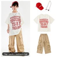 Costume de danse hip-hop pour enfants, pantalon cargo multi-poches kaki, t-shirt blanc surdimensionné, ensemble de vêtements pour spectacle sur scène pour enfants