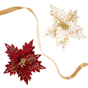 Cabezas de Flores de Poinsettia Artificiales de Lujo con Brillo, para Árboles de Navidad y Coronas, Material de Tela Roja, Ecológicas, Reutilizables, Directo de Fábrica - Product Image 6