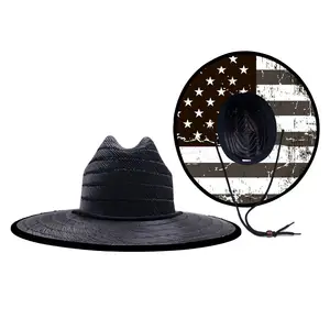 2022 Lifeguard Custom Logo Wide Brim Black Color Straw American Flag Straw Hat For Men