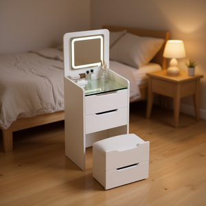 Tocador 3 en 1 de 48 cm, set de maquillaje compacto con espejo abatible iluminado y superficie de vidrio para uso doméstico - Product Image 2