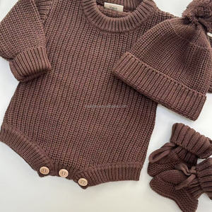 Combinaison en tricot pour bébé garçon nouveau-né avec bonnet et chaussettes, ensemble cadeau 3 pièces, <span class=keywords><strong>hiver</strong></span>, couleur chocolat unie, combinaison en tricot épais, pulls - Product Image 3