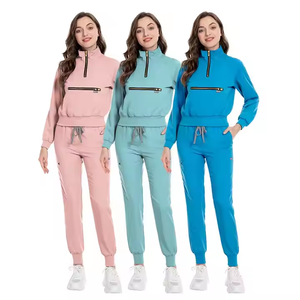 OEM Fermeture Éclair Style Unisexe Infirmière Ensemble Solide Couleurs Gommage Veste Court Jogger Pantalon <span class=keywords><strong>Nouveau</strong></span> Travail-Porter Manteau Scrubs Robe Médecins Patients - Product Image 3