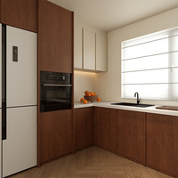 Meuble de cuisine modulaire sur mesure en forme de L, placage bois bicolore, rangement de cuisine moderne et minimaliste avec éclairage LED et plan de travail en quartz