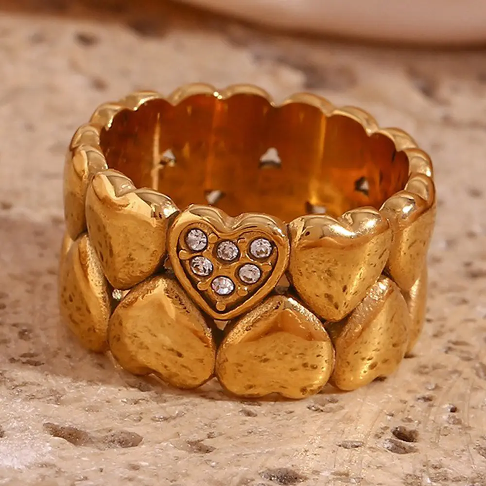 Arnish-anillos de corazón de doble capa de diamante chapado en oro de acero inoxidable para mujer