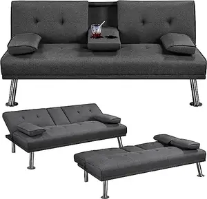 Leinen Stoff Modernes Schlafs ofa Schnitt Couch Bett Klapp Liege Sleeper Wende Cabrio Daybed 2 Getränke halter Dunkelgrau