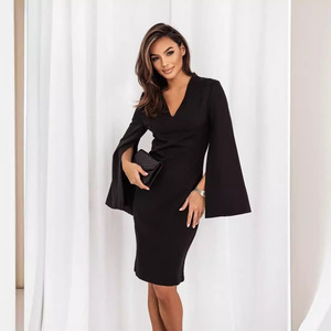Abito Aderente da Donna alla Moda con Scollo a V, <span class=keywords><strong>Spacco</strong></span> <span class=keywords><strong>Laterale</strong></span> e Maniche Lunghe in Tinta Unita per l'Autunno - Product Image 3