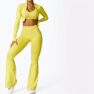 Ensemble d'entraînement 3 pièces pour femmes sans couture taille haute Leggings évasés soutien-gorge de sport et veste zippée pour Gym Yoga et vêtements de sport - Product Image 1