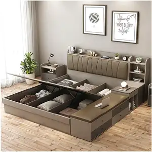 Modern Queen Size Bed Frame with Storage Drawer Wood Panel Style Bedroom Furniture Sets for hotel apartment home