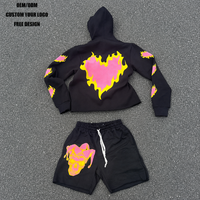 Streetwear luxe personnalisé 420gsm sérigraphie Baggy Distressed ensemble sweat à capuche et short de survêtement pour hommes