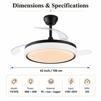 Ventilateur de plafond LED invisible rétractable avec télécommande, moteur BLDC DC de 42 pouces, pour l'intérieur, vente en gros