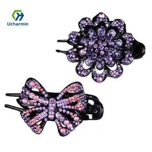 Hot selling black all match hair claw accessories elegant style colorful crystal Rhinestone spring banana hair clips for women