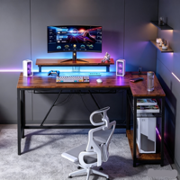 Bureau d'ordinateur moderne pliable en panneaux de particules avec pieds en métal et étagères de rangement, très demandé