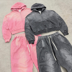 Ensemble streetwear pour homme KIingSen, sweat à capuche zippé et pantalon de survêtement, broderie 3D délavée à l'acide, respirant, hiver, tissu en molleton 400 g/m² - Product Image 1