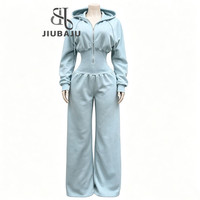 Ensemble décontracté 2 pièces Jiubaju pour femme : sweat à capuche zippé, veste courte à manches longues et pantalon droit élastique – Survêtement tendance pour l'automne