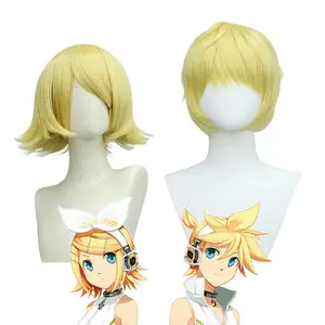 Grosir VocAloid Rin/Len Wig Cosplay Kagamine 14 inci Wig rambut Cosplay Anime sintetik emas keriting pendek untuk pesta