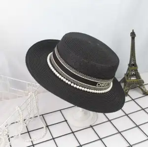 2022 새로운 도착 패션 빈티지 남성 여성 플랫 페도라 모자 와이드 브림 고품질 여름 진주 밀짚 모자 파나마 모자