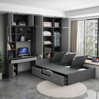 Lit Tatami Moderne de Luxe en Bois, Rembourré en Tissu, avec Rangement Intégré, Meuble Multifonctionnel pour Fenêtre en Saillie
