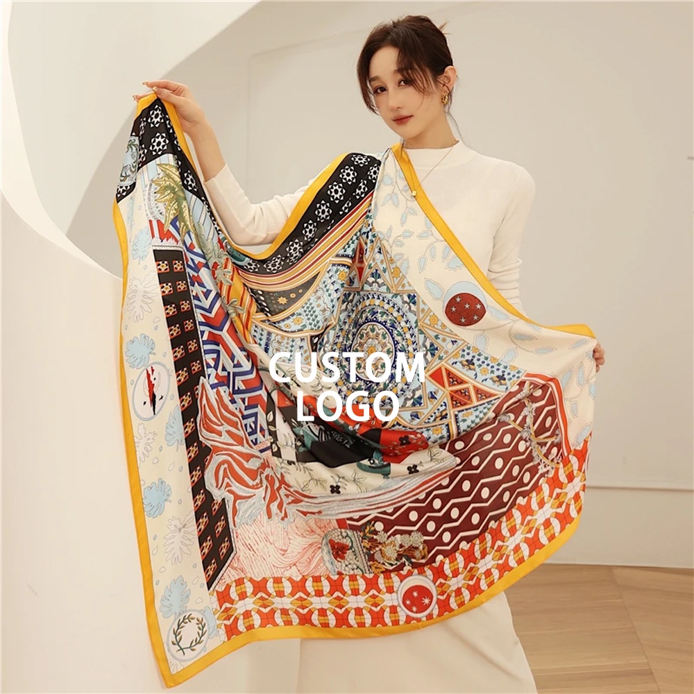 卸売大型シルクスカーフレディースカスタムロゴデジタルプリント高級シルクスカーフ女性用foulard en soie