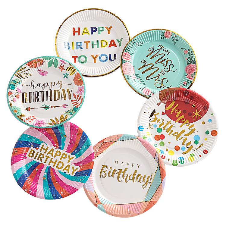 New 7 Inch Color Hot Stamping Printing Birthday Party Wedding Tableware Round Paper Disposable Dinner Plate