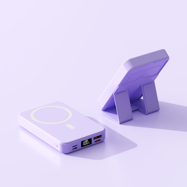 2024 New Design 10000mAh Portable Power Bank with Magnetic Wireless Charging 3 Input Phone Charger Folding Stand LED Display