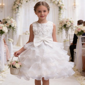 Vestido de Princesa <span class=keywords><strong>para</strong></span> Niña con Corsé de Rosas 3D, Gran Lazo y Volantes en Capas, Vestido de Dama de Honor <span class=keywords><strong>para</strong></span> Boda o <span class=keywords><strong>Primera</strong></span> Comunión - Product Image 1