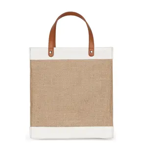 Borsa Tote in tela di iuta naturale biodegradabile con Logo personalizzato ecologico con manico in pelle PU