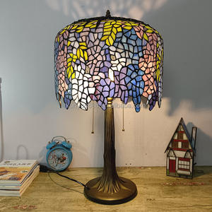 Lámpara de Mesa LED de 14'' con Diseño Europeo y Motivo de Glicinia China, Estilo Tiffany, Vidrio Artístico Hecho a Mano, Alimentación CA, Pantalla Azul para Cafetería - Product Image 3