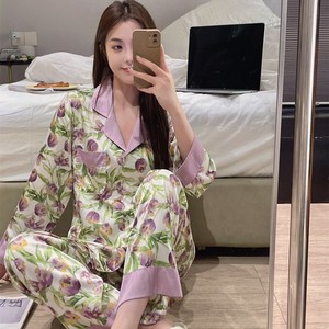 Ensemble de pyjama en satin pour femmes, manches longues, imprimé floral, vêtements de détente, deux pièces, vêtements de nuit, printemps été - Product Image 4