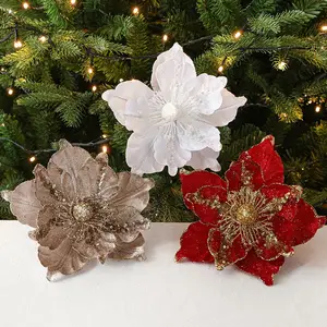 Tecido vermelho Xmas poinsétia flores caule com glitter flores veludo vermelho Natal árvore decoração fabricante atacado