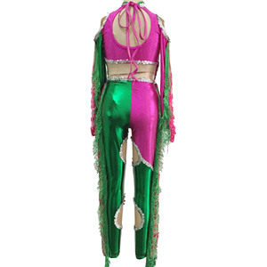 Pink &amp; Green Color Block Sequin <strong>Fringe</strong> Dance <strong>Jumpsuit</strong> - Women's Cutout Latin Samba Performance Costume - Product Image 2