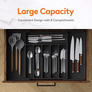 Lifewit BPA libero grande nero cassetto Organizer da cucina espandibile vassoio per utensili regolabile in plastica porta posate per cucchiai - Product Image 4