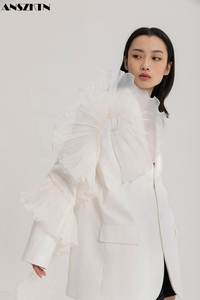 ANSZKTN-Chaqueta de botón de moda para mujer, chaqueta informal holgada Irregular con volantes de <span class=keywords><strong>malla</strong></span> de gran tamaño - Product Image 2