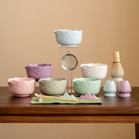 Service à thé matcha en fleurs de cerisier en relief 4 pièces support de fouet en céramique cuillère en bambou tamis Matcha outil de fabrication outils de thé de style japonais