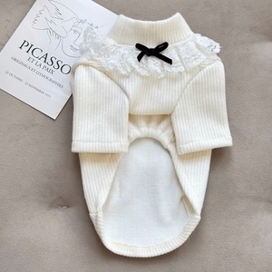Pull gris à col roulé pour animaux de compagnie avec col en dentelle et nœud pour chats et chiens, couche de base chaude, vêtements d'hiver - Product Image 2