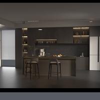 Ensemble d'armoires de cuisine modernes et minimalistes en panneaux de particules, îlot en bois grainé, écologique, qualité E0, résistant à l'eau, facile à assembler