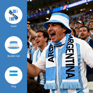 وشاح مشجعين بتصميم شعار فرق كرة القدم لعام 2026 لكندا والمكسيك والولايات المتحدة الأمريكية، وقبعة دلو كرة قدم بتصميم علم الأرجنتين، ووشاح أكريليك للمشجعين - Product Image 1