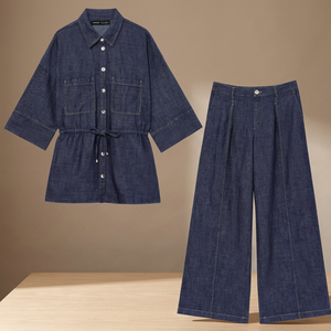 Conjunto de dos piezas de mezclilla para mujer, camisa de manga tres cuartos con bolsillos y pantalones de pierna ancha, estilo casual, holgado, para primavera/verano, color liso. - Product Image 4