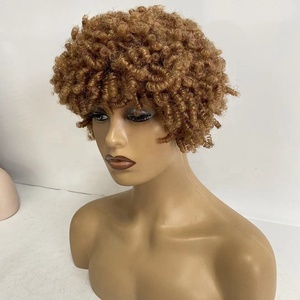Perruque Médicale Courte #27 <span class=keywords><strong>Blond</strong></span> Miel Cuticule Alignée Européenne 15mm Afro Curl Pleine Pu Peau Mince Perruque Humaine Crépus Bouclés - Product Image 1
