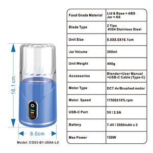 Mini mélangeur alimentaire 260ML mélangeur Portable moulin à café USB sans fil Rechargeable Logo personnalisé pour voyage au bureau à domicile - Product Image 2