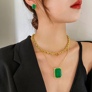 Fashion Eco-friendly Copper Layered Pendant Necklace <b>Set</b> Elegant Simple Big Square Green Zirconia Jewelry <b>Sets</b> for Refined - Product Image 3