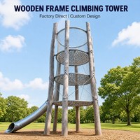 Torre de Escalada con Estructura de Madera y Plataforma de Malla de Cuerda de Tres Niveles, Certificada CE EN1176, para Niños, Equipo de Juegos al Aire Libre