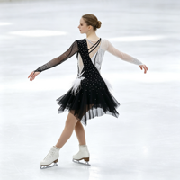 Robe de patinage asymétrique noire et blanche pour enfants et adultes, à manches longues en maille, avec strass et plumes, pour spectacle de patinage artistique