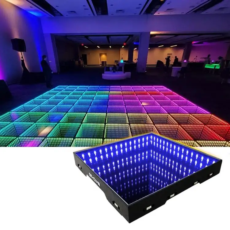 Lumières de scène de piste de danse (8 * 8ft) panneau de miroir infini en verre effet 3D LED piste de danse pour la fête de mariage (3D)