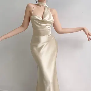 Mùa Hè Cao cấp Lụa Satin Không Tay Dài Ăn Mặc Phụ Nữ Thời Trang Thanh Lịch Người Nổi Tiếng Dresses Mock Cổ Áo Lỏng Lẻo Thanh Lịch Ăn Mặc