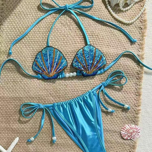 Bikini Azul Sexy al por Mayor, Conjunto de Bikini con Lentejuelas - Product Image 1