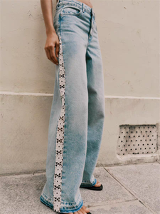 <span class=keywords><strong>Pantalones</strong></span> vaqueros de mezclilla al por mayor para mujer, estilo holgado, desgastado, lavado claro, pierna ancha, con encaje - Product Image 5