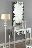 Console Miroir de Luxe en Demi-Lune, Table d'Entrée Classique avec Miroir Mural Rond pour Maison et Hôtel