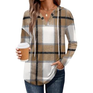 FOXA Sudadera con capucha a cuadros para mujer, manga larga, cuello en V, estilo casual para otoño, con bolsillos, mezcla de algodón transpirable - Product Image 1
