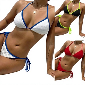 Women Solid <b>White</b> Blue Contrast <b>Bikini</b> <b>Set</b> Crossed Halter Tie Side Bottoms Spandex/Polyester 2-Piece Swimwear Stretch Front - Product Image 1
