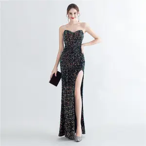 31155# Foreign trade new product magic beads back strapping corsage-style side split plastering Fishbone evening gown
